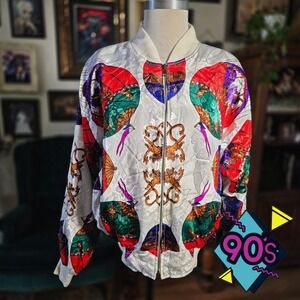 Metro Bomber Jacket Vintage 90s Graphic Baroque Print White Multi Zip Up Large